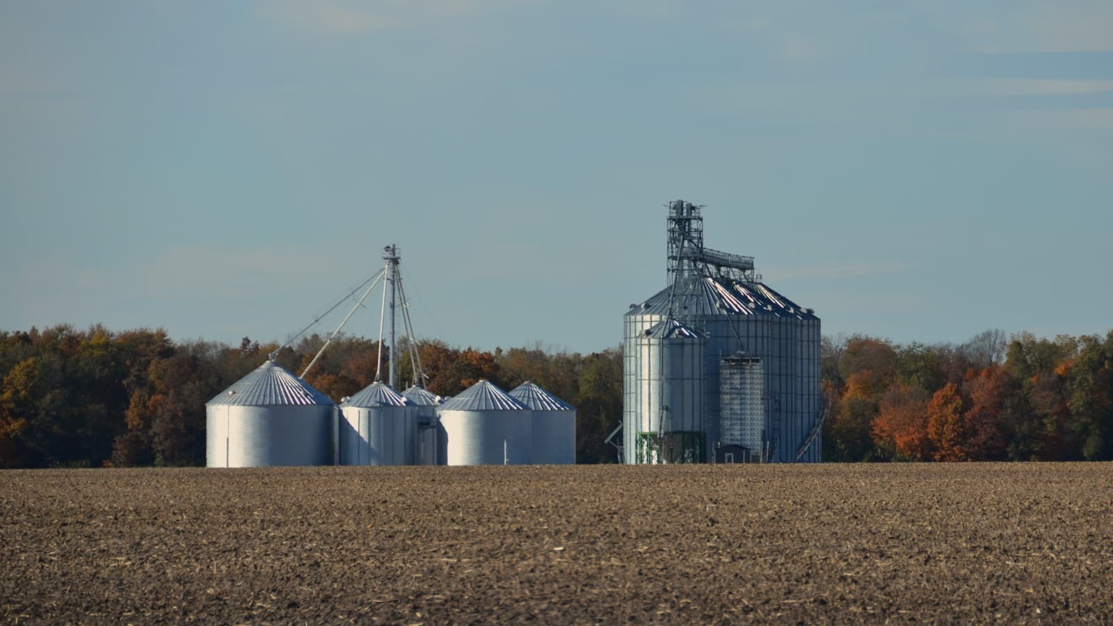 Farm grain silos against a clear autumn sky